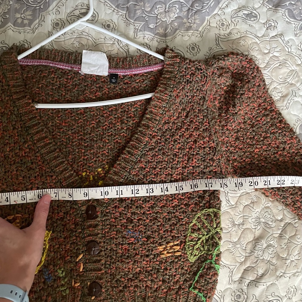 Anthropologie Brown Cropped V-Neck Sweater with Yellow & Green Leaf Embroidery - Picture 4 of 15